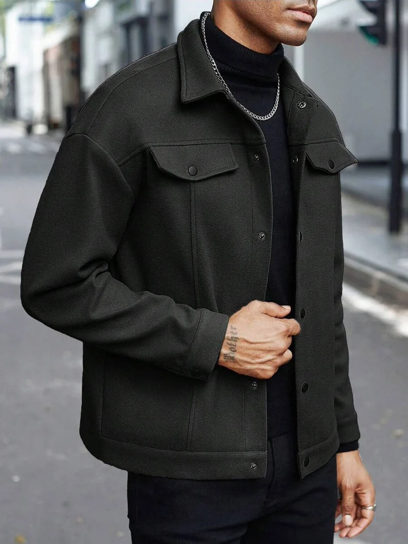 Herren nan Wolloptik-Overshirt Jacke im Shacket-Stil mit Brustklappen und Druckknopfleiste Drune