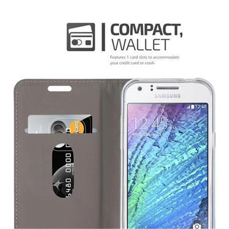Cadorabo Hülle kompatibel mit Samsung Galaxy J1 2015 Schutzhülle mit Magnetverschluss, Standfunktion und Kartenfach