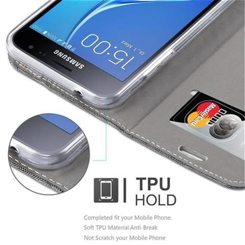 Cadorabo Hülle kompatibel mit Samsung Galaxy J3 2016 Schutzhülle mit Magnetverschluss, Standfunktion und Kartenfach