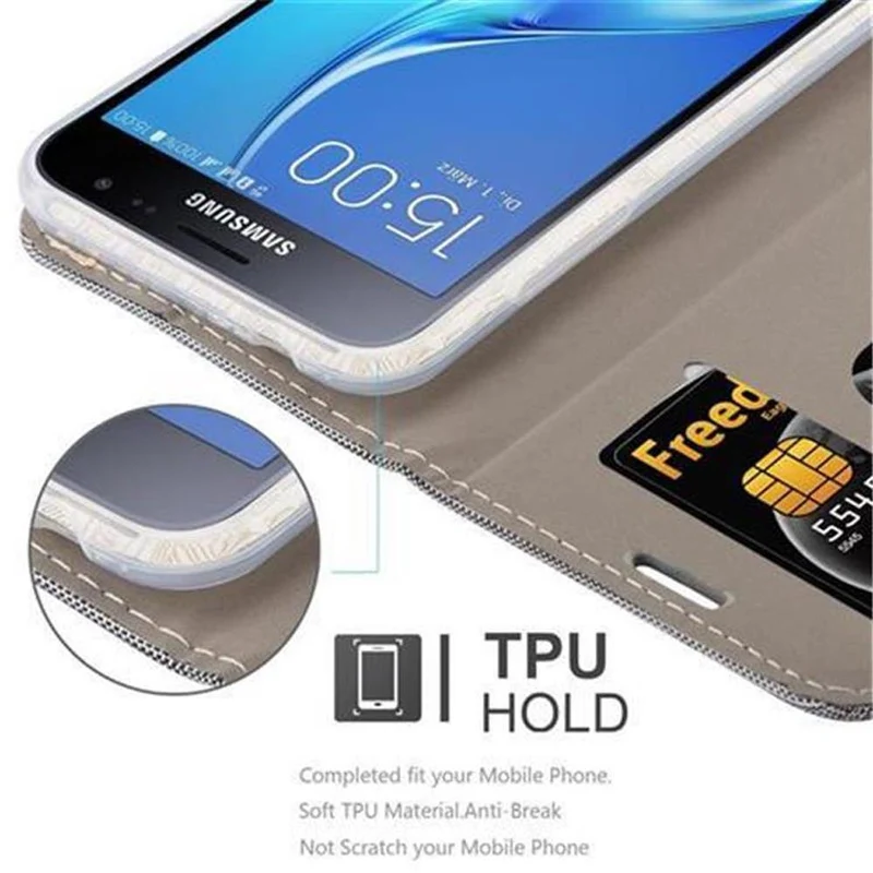 Cadorabo Hülle kompatibel mit Samsung Galaxy J3 2016 Schutzhülle mit Magnetverschluss, Standfunktion und Kartenfach