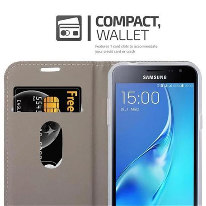 Cadorabo Hülle kompatibel mit Samsung Galaxy J3 2016 Schutzhülle mit Magnetverschluss, Standfunktion und Kartenfach