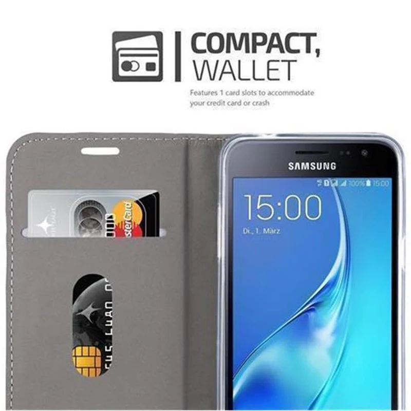 Cadorabo Hülle kompatibel mit Samsung Galaxy J3 2016 Schutzhülle mit Magnetverschluss, Standfunktion und Kartenfach