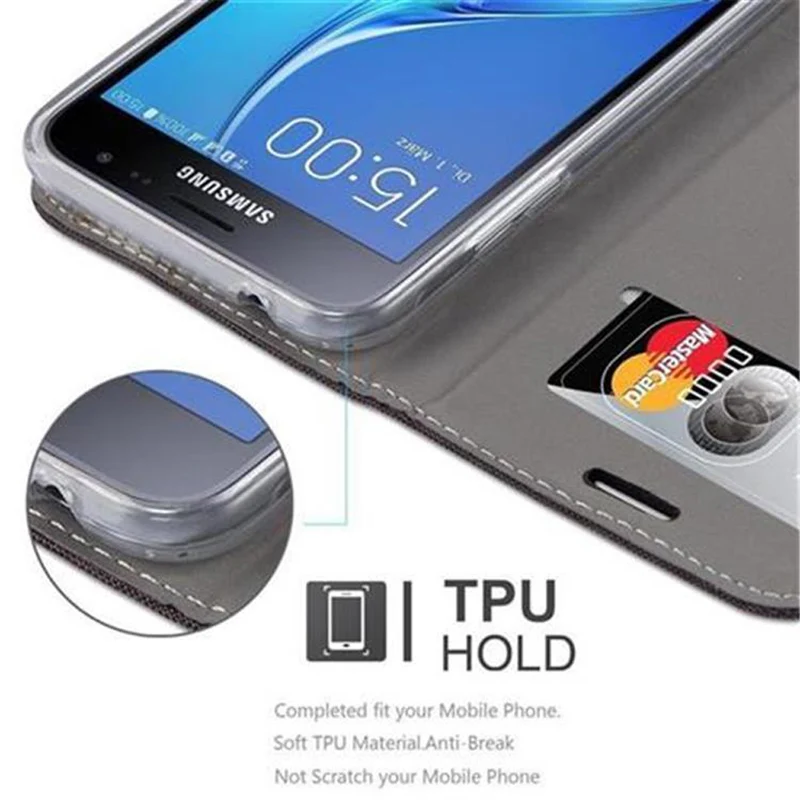 Cadorabo Hülle kompatibel mit Samsung Galaxy J3 2016 Schutzhülle mit Magnetverschluss, Standfunktion und Kartenfach