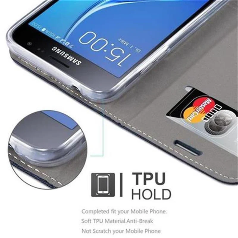 Cadorabo Hülle kompatibel mit Samsung Galaxy J3 2016 Schutzhülle mit Magnetverschluss, Standfunktion und Kartenfach