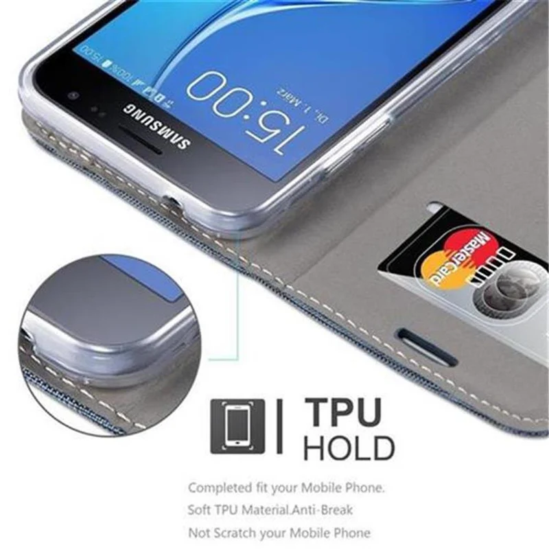 Cadorabo Hülle kompatibel mit Samsung Galaxy J3 2016 Schutzhülle mit Magnetverschluss, Standfunktion und Kartenfach