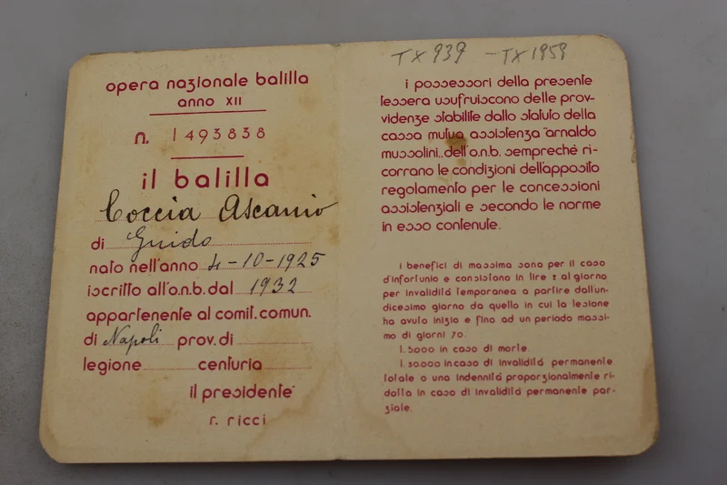 ONB „Balilla“ XII° Mitgliedskarte