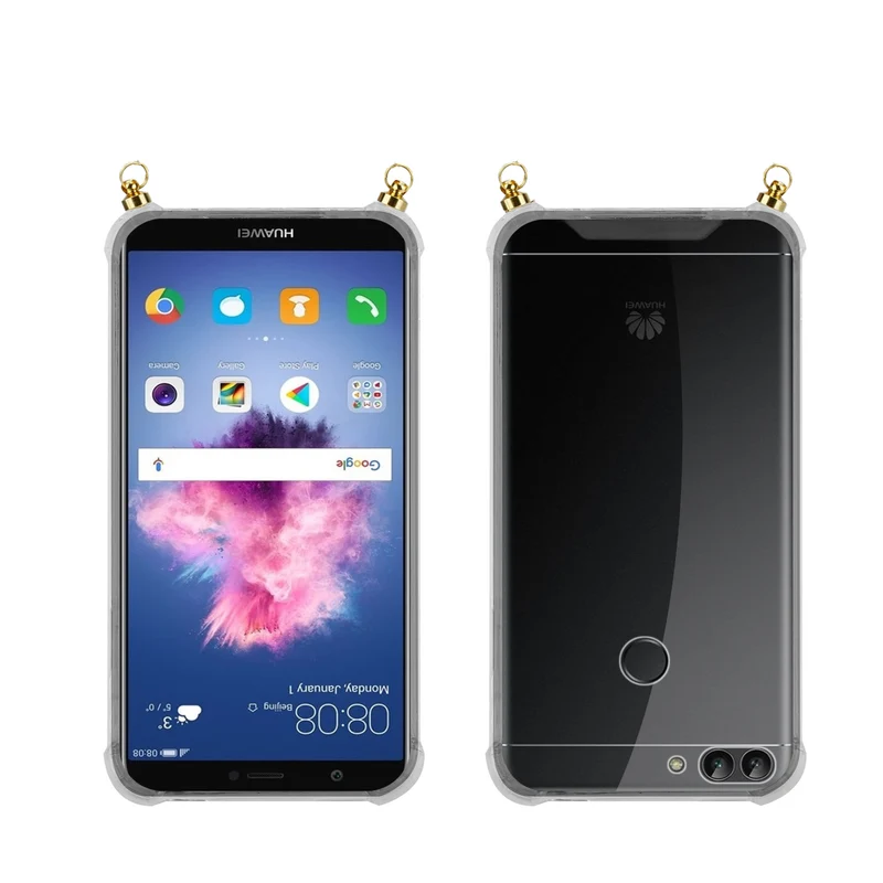 Silikon Hülle Handykette kompatibel mit Huawei P SMART 2018 / Enjoy 7S mit goldenen Ringen