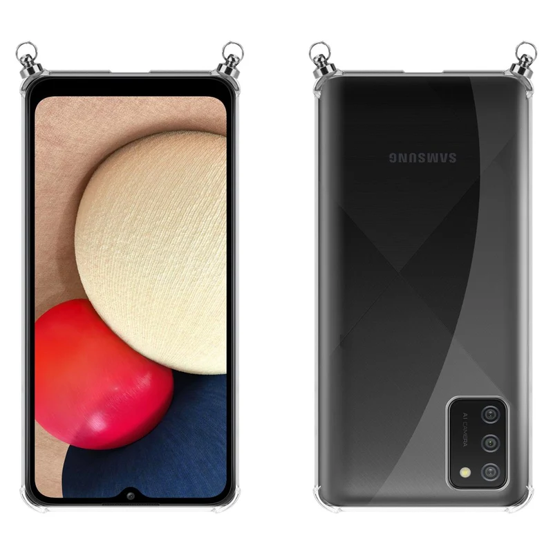 Silikon Hülle Handykette kompatibel mit Samsung Galaxy A02s mit silbernen Ringen