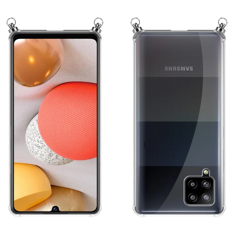 Silikon Hülle Handykette kompatibel mit Samsung Galaxy A42 4G mit silbernen Ringen