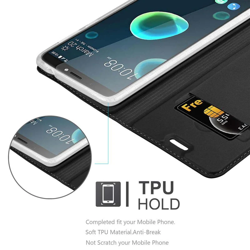 Cadorabo Hülle kompatibel mit HTC Desire 12 PLUS Schutzhülle mit Magnetverschluss, Standfunktion und Kartenfach