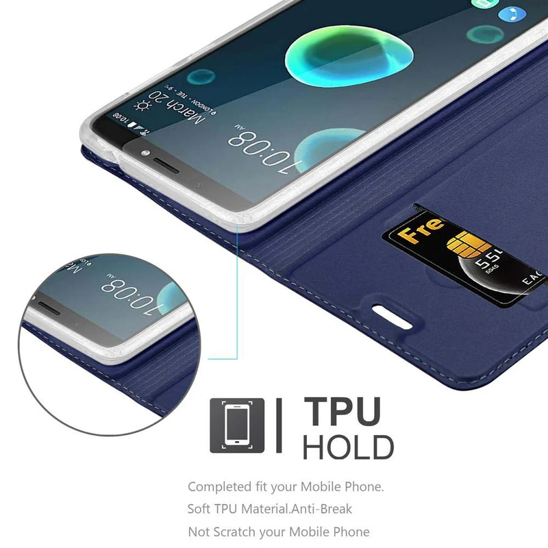 Cadorabo Hülle kompatibel mit HTC Desire 12 PLUS Schutzhülle mit Magnetverschluss, Standfunktion und Kartenfach