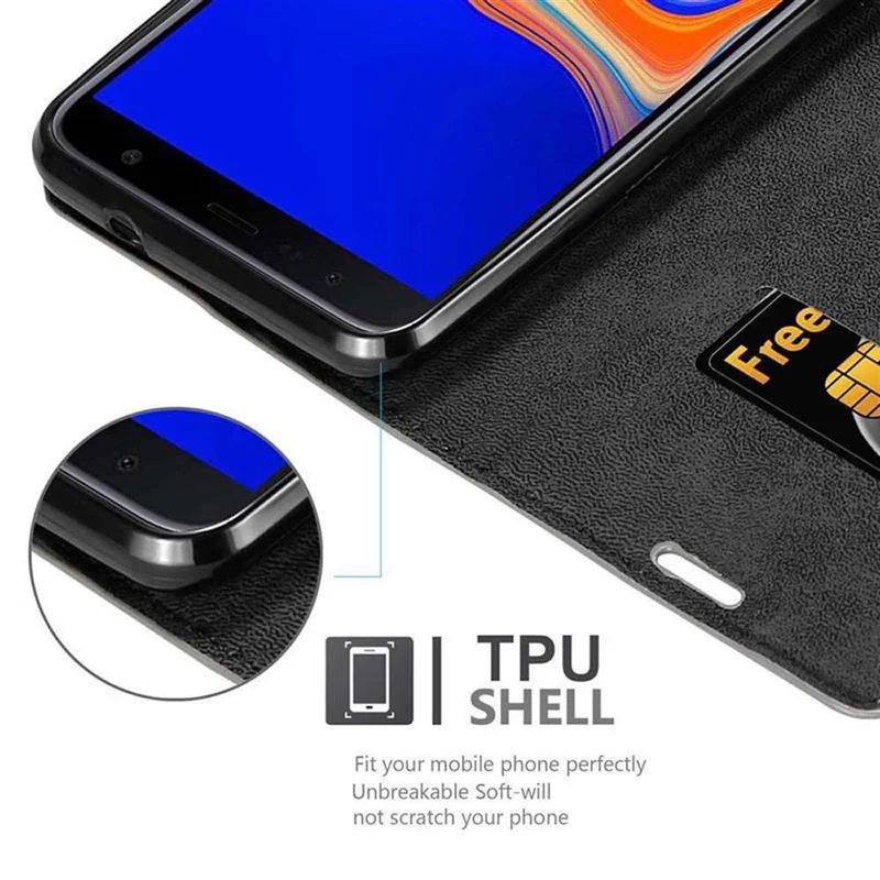 Cadorabo Hülle kompatibel mit Samsung Galaxy J6 PLUS Schutzhülle mit Magnetverschluss, Standfunktion und Kartenfach