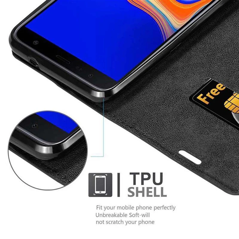 Cadorabo Hülle kompatibel mit Samsung Galaxy J6 PLUS Schutzhülle mit Magnetverschluss, Standfunktion und Kartenfach