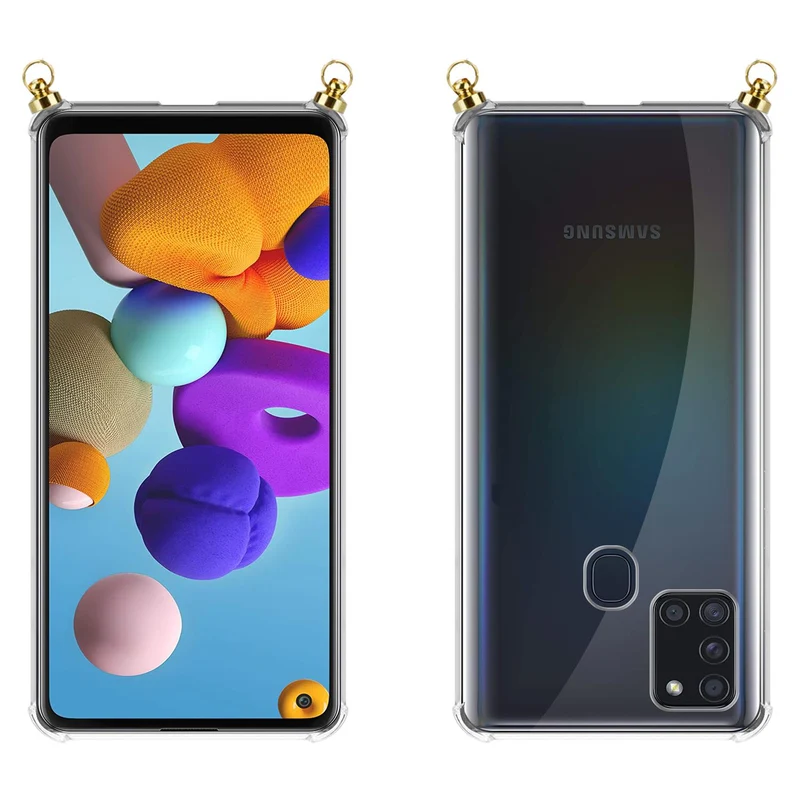 Silikon Hülle Handykette kompatibel mit Samsung Galaxy A21s mit goldenen Ringen