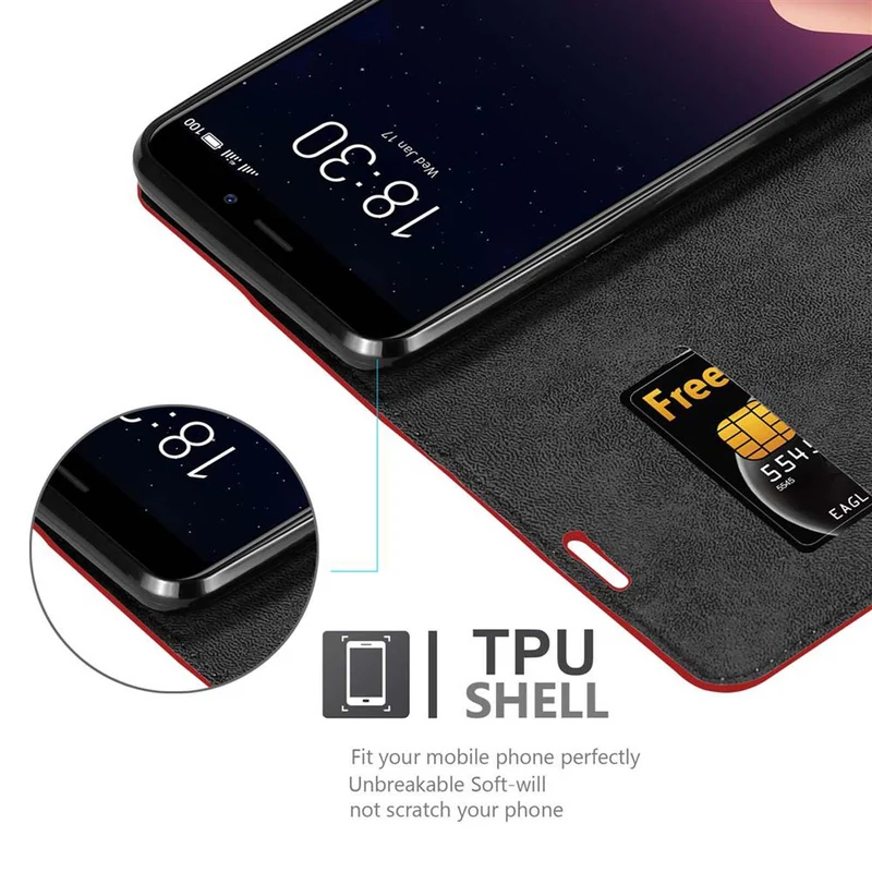 Cadorabo Hülle kompatibel mit MEIZU M6S Schutzhülle mit Magnetverschluss, Standfunktion und Kartenfach