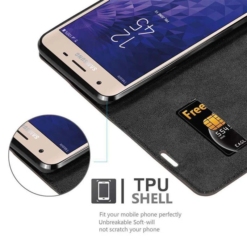 Cadorabo Hülle kompatibel mit Samsung Galaxy J3 2018 Schutzhülle mit Magnetverschluss, Standfunktion und Kartenfach