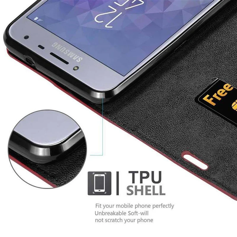 Cadorabo Hülle kompatibel mit Samsung Galaxy J4 2018 Schutzhülle mit Magnetverschluss, Standfunktion und Kartenfach
