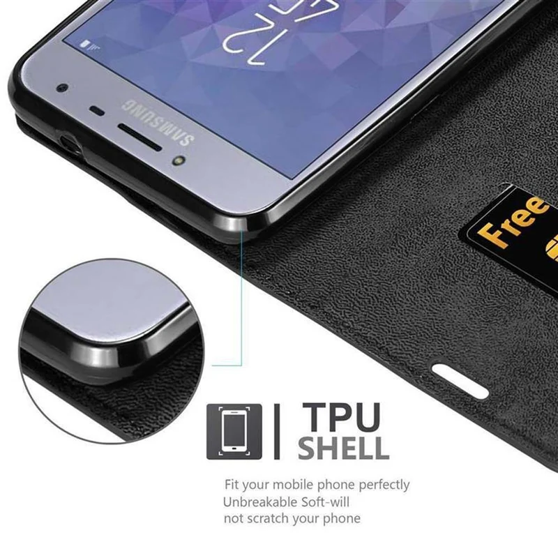 Cadorabo Hülle kompatibel mit Samsung Galaxy J4 2018 Schutzhülle mit Magnetverschluss, Standfunktion und Kartenfach