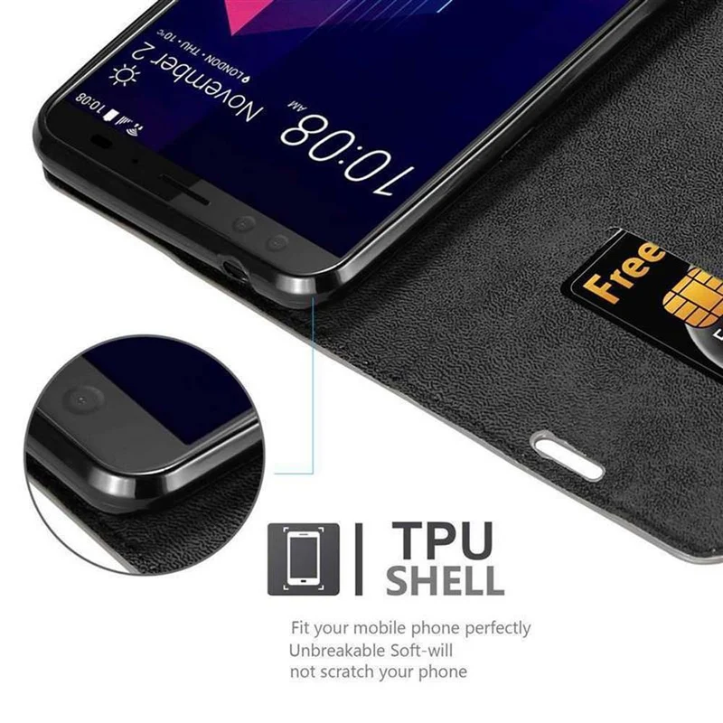 Cadorabo Hülle kompatibel mit HTC U12 PLUS Schutzhülle mit Magnetverschluss, Standfunktion und Kartenfach