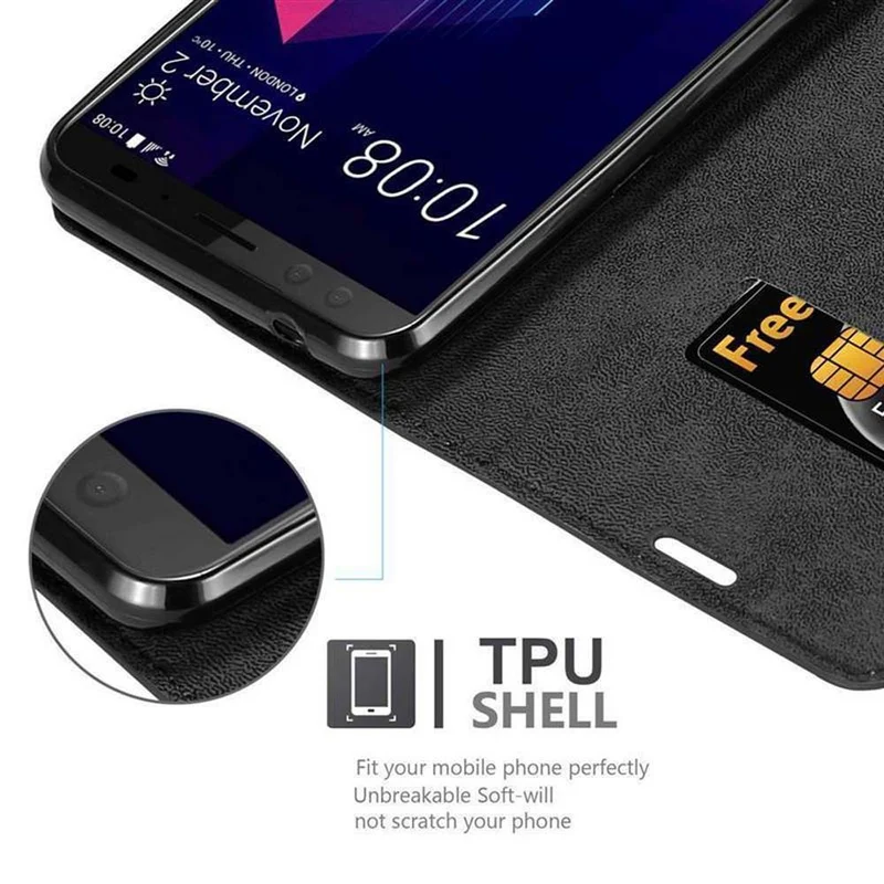 Cadorabo Hülle kompatibel mit HTC U12 PLUS Schutzhülle mit Magnetverschluss, Standfunktion und Kartenfach