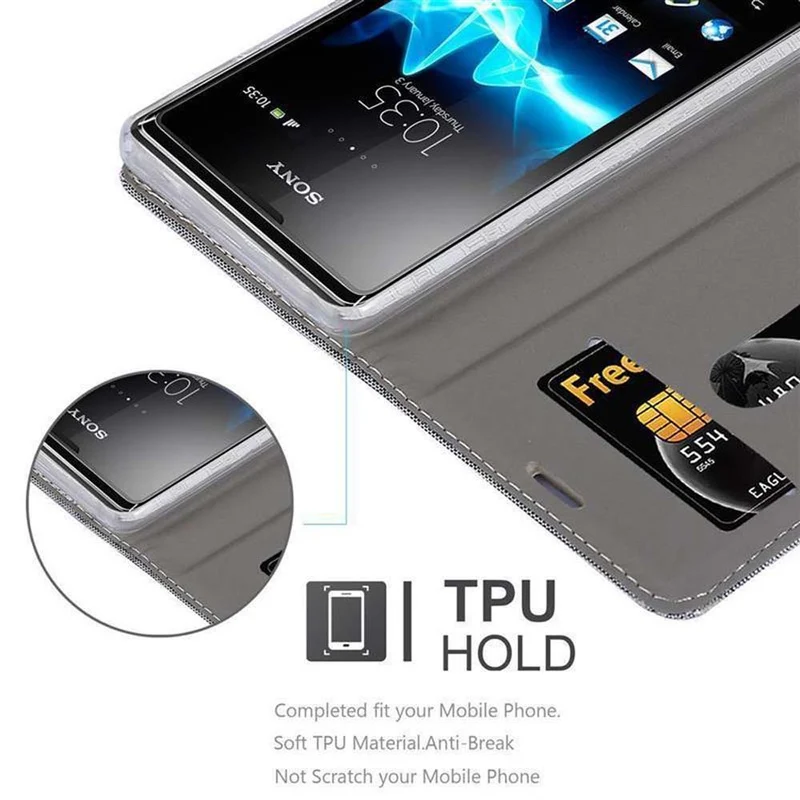 Cadorabo Hülle kompatibel mit Sony Xperia E1 Schutzhülle mit Magnetverschluss, Standfunktion und Kartenfach