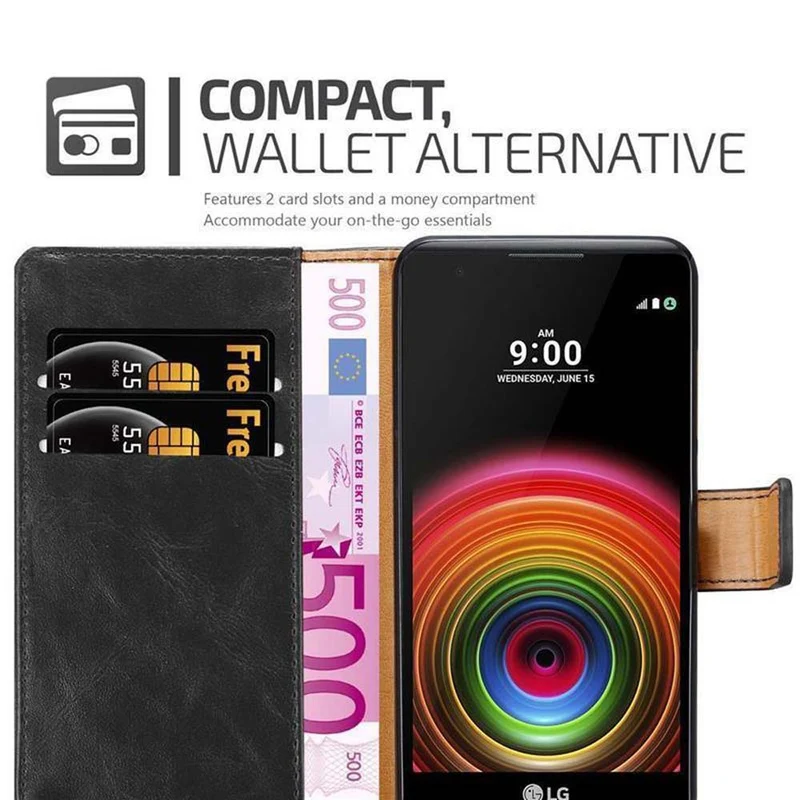 Cadorabo Hülle kompatibel mit LG X POWER Schutzhülle mit Magnetverschluss, Standfunktion und Kartenfach