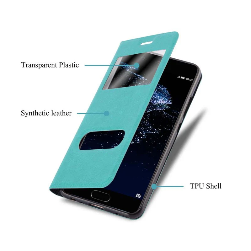 Cadorabo Hülle kompatibel mit Huawei P10 PLUS Schutzhülle mit Magnetverschluss, Standfunktion und 2 Sichtfenstern