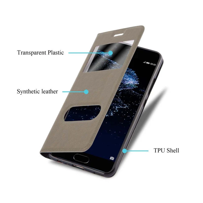 Cadorabo Hülle kompatibel mit Huawei P10 PLUS Schutzhülle mit Magnetverschluss, Standfunktion und 2 Sichtfenstern