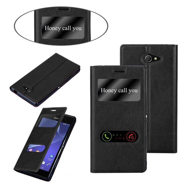 Cadorabo Hülle kompatibel mit Sony Xperia M2 / M2 AQUA Schutzhülle mit Magnetverschluss, Standfunktion und 2 Sichtfenstern