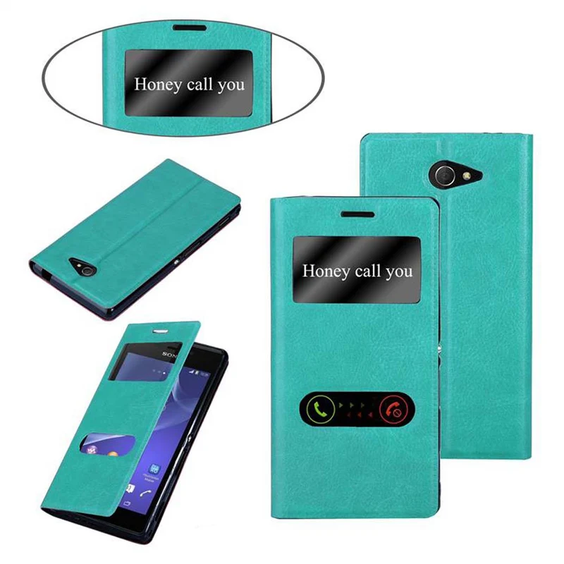 Cadorabo Hülle kompatibel mit Sony Xperia M2 / M2 AQUA Schutzhülle mit Magnetverschluss, Standfunktion und 2 Sichtfenstern