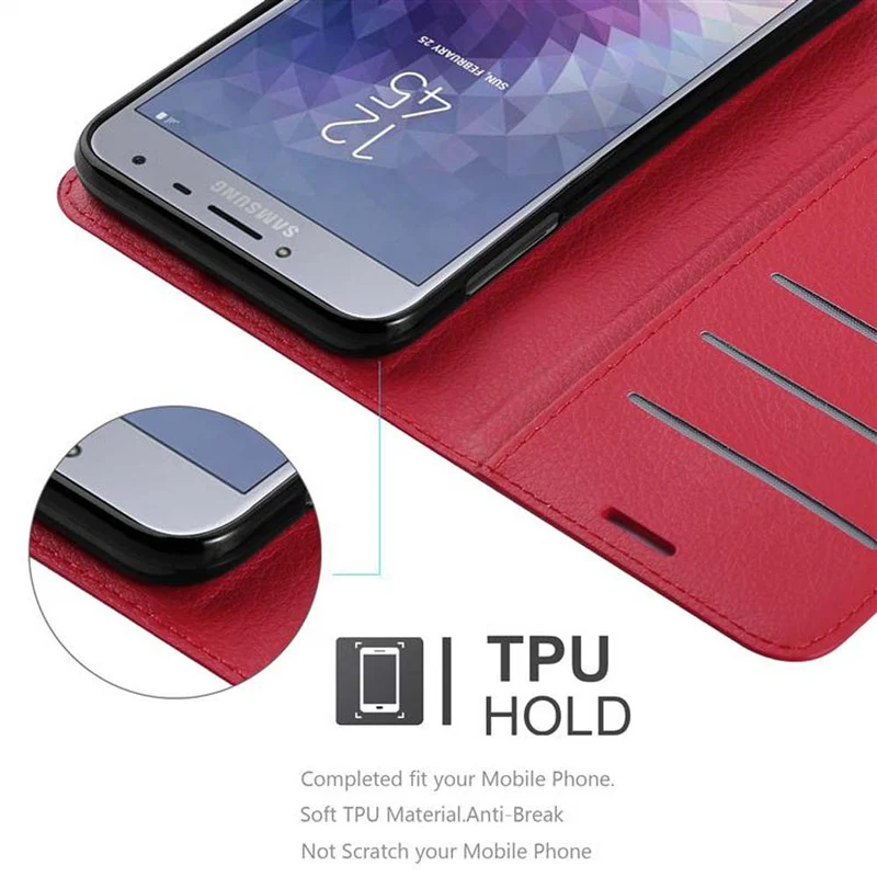 Cadorabo Hülle kompatibel mit Samsung Galaxy J4 2018 Schutzhülle mit Magnetverschluss, Standfunktion und Kartenfach