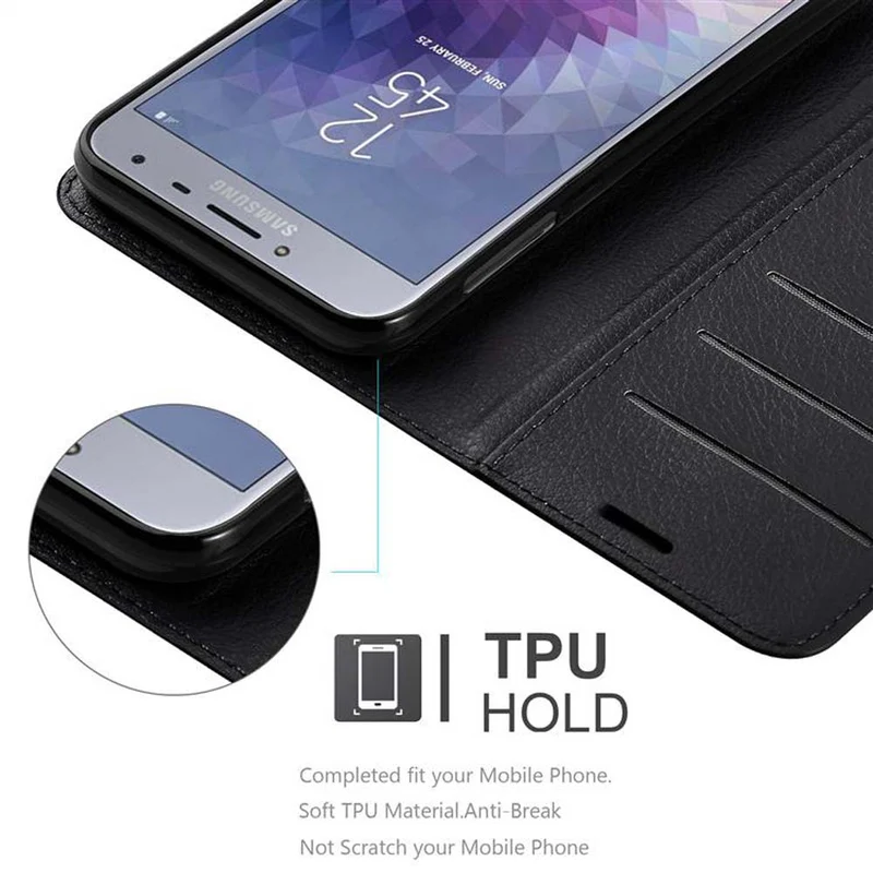 Cadorabo Hülle kompatibel mit Samsung Galaxy J4 2018 Schutzhülle mit Magnetverschluss, Standfunktion und Kartenfach