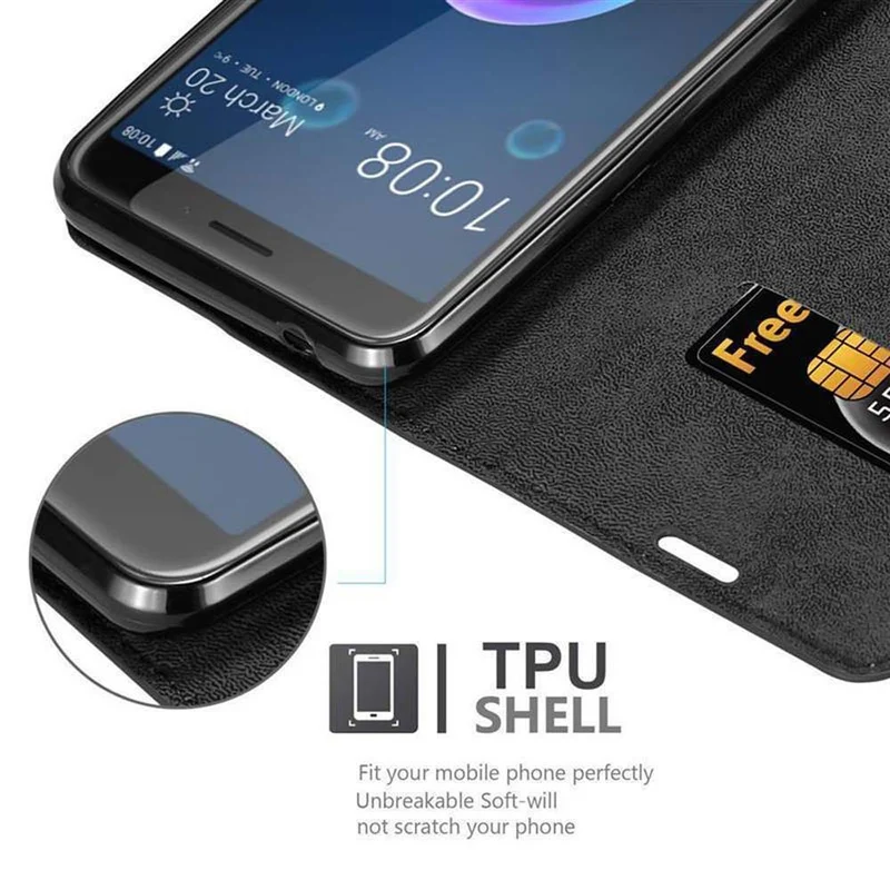Cadorabo Hülle kompatibel mit HTC Desire 12 Schutzhülle mit Magnetverschluss, Standfunktion und Kartenfach