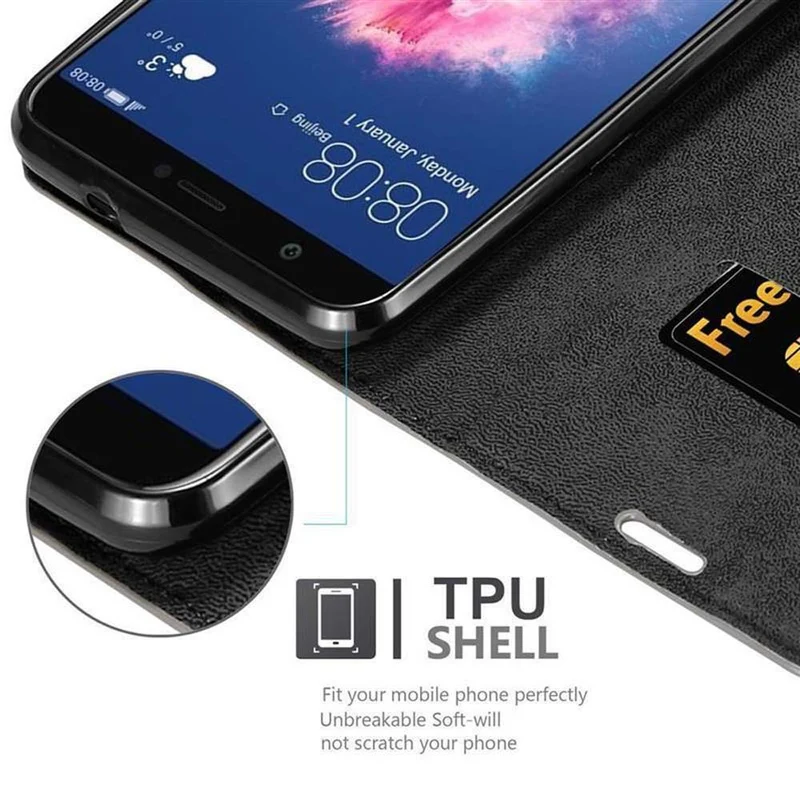 Cadorabo Hülle kompatibel mit Huawei P SMART 2018 / Enjoy 7S Schutzhülle mit Magnetverschluss, Standfunktion und Kartenfach