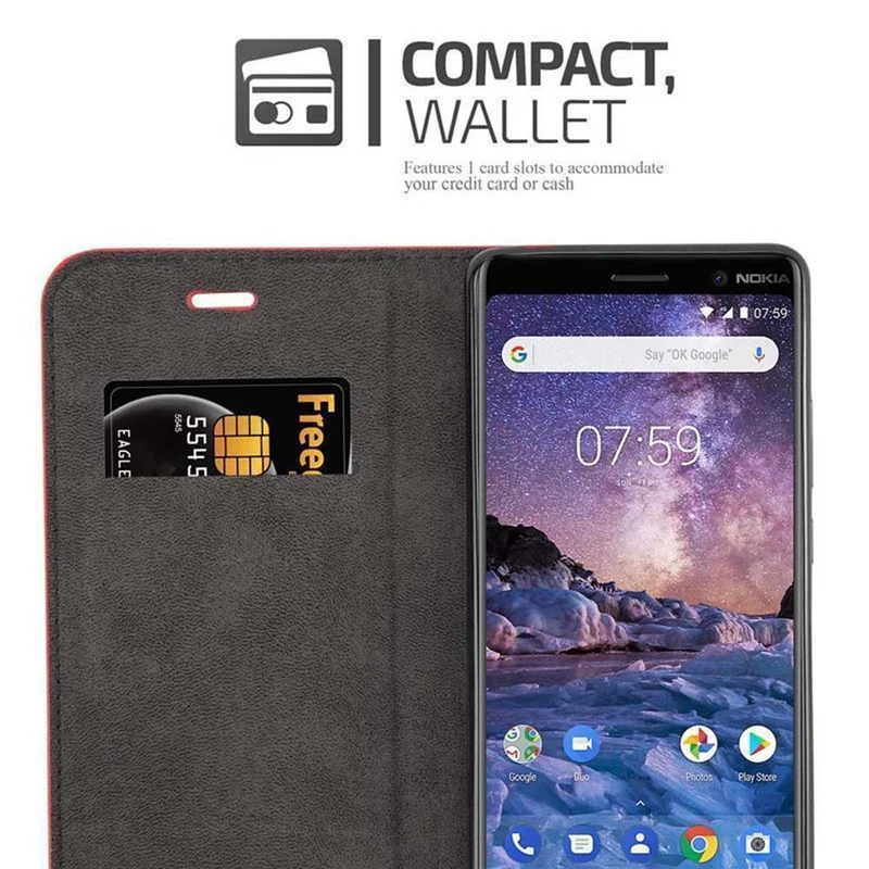 Cadorabo Hülle kompatibel mit Nokia 7 PLUS Schutzhülle mit Magnetverschluss, Standfunktion und Kartenfach