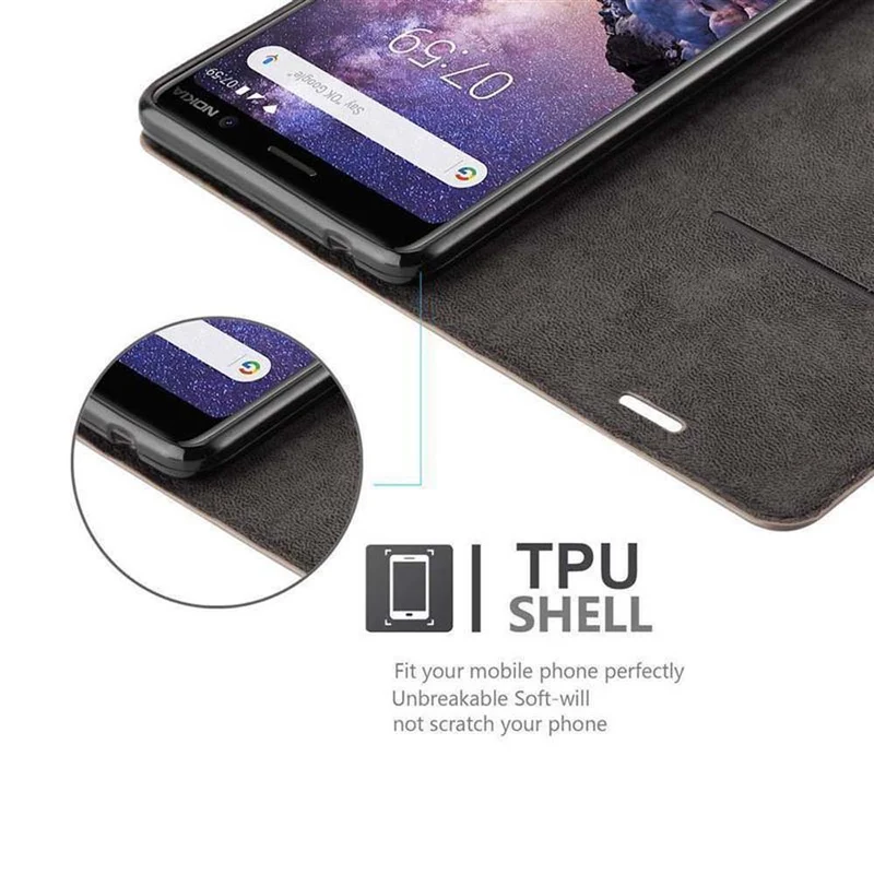 Cadorabo Hülle kompatibel mit Nokia 7 PLUS Schutzhülle mit Magnetverschluss, Standfunktion und Kartenfach