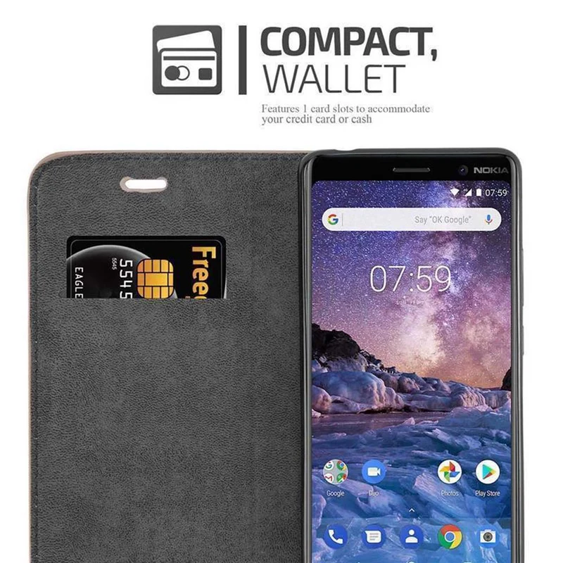 Cadorabo Hülle kompatibel mit Nokia 7 PLUS Schutzhülle mit Magnetverschluss, Standfunktion und Kartenfach