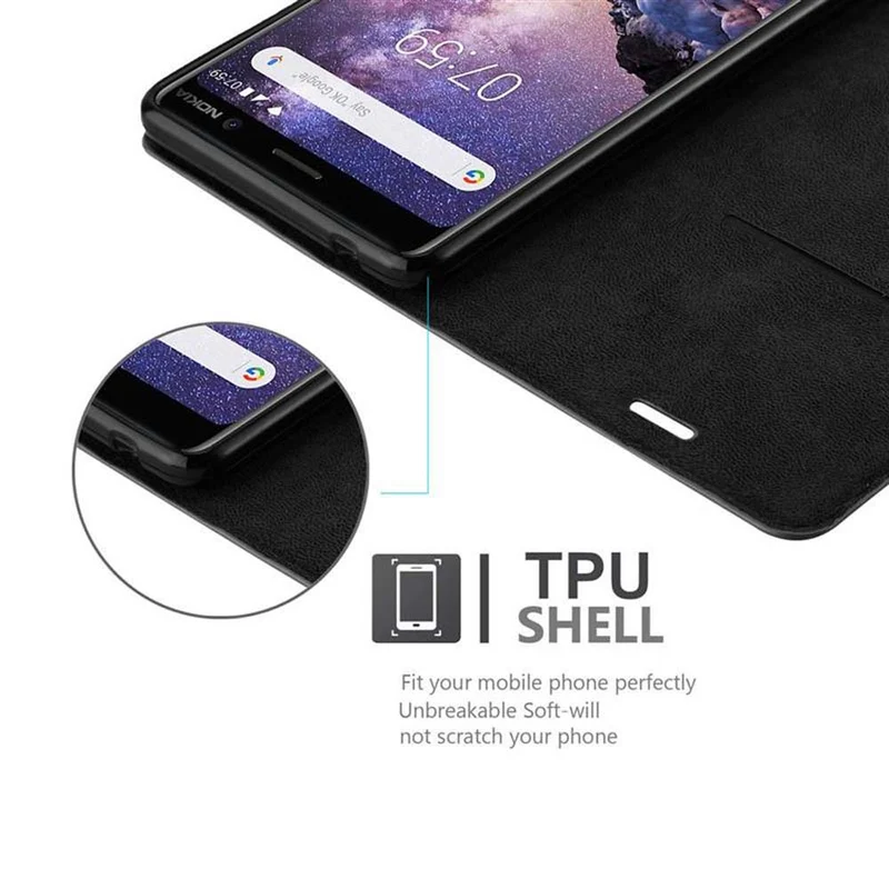 Cadorabo Hülle kompatibel mit Nokia 7 PLUS Schutzhülle mit Magnetverschluss, Standfunktion und Kartenfach