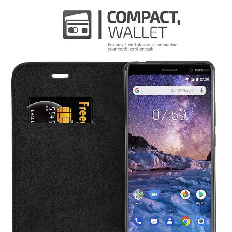 Cadorabo Hülle kompatibel mit Nokia 7 PLUS Schutzhülle mit Magnetverschluss, Standfunktion und Kartenfach
