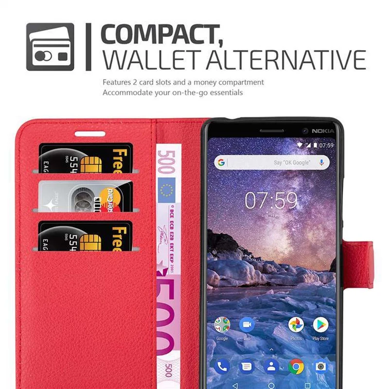 Cadorabo Hülle kompatibel mit Nokia 7 PLUS Schutzhülle mit Magnetverschluss, Standfunktion und Kartenfach