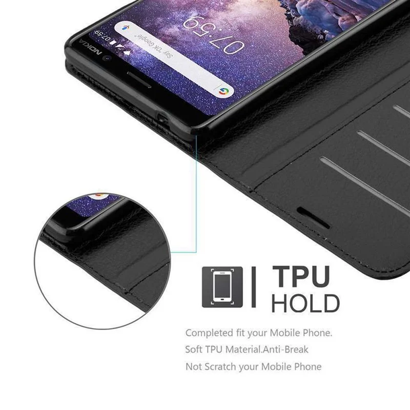 Cadorabo Hülle kompatibel mit Nokia 7 PLUS Schutzhülle mit Magnetverschluss, Standfunktion und Kartenfach