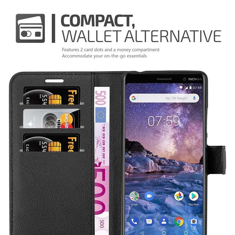 Cadorabo Hülle kompatibel mit Nokia 7 PLUS Schutzhülle mit Magnetverschluss, Standfunktion und Kartenfach