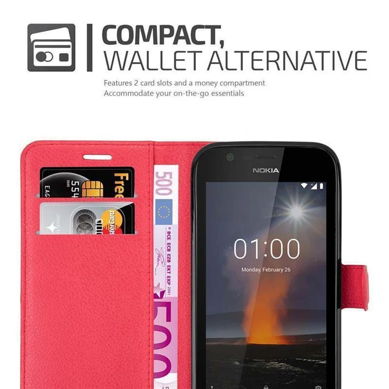 Cadorabo Hülle kompatibel mit Nokia 1 2018 Schutzhülle mit Magnetverschluss, Standfunktion und Kartenfach