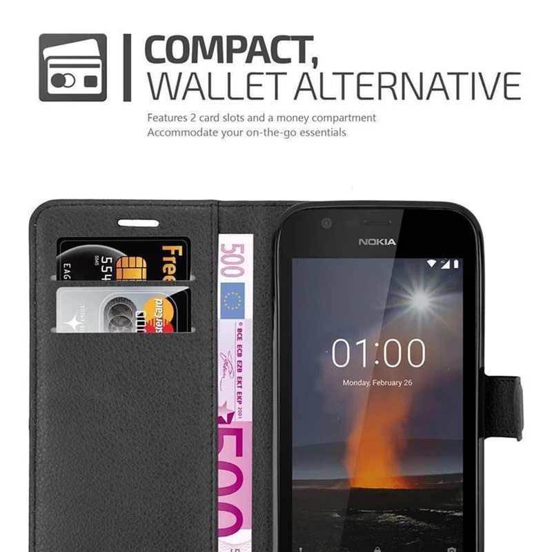 Cadorabo Hülle kompatibel mit Nokia 1 2018 Schutzhülle mit Magnetverschluss, Standfunktion und Kartenfach