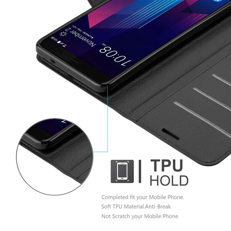 Cadorabo Hülle kompatibel mit HTC U11 PLUS Schutzhülle mit Magnetverschluss, Standfunktion und Kartenfach