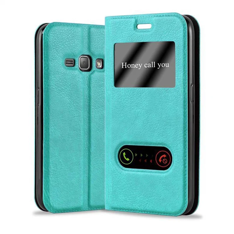 Cadorabo Hülle kompatibel mit Samsung Galaxy J1 2015 Schutzhülle mit Magnetverschluss, Standfunktion und 2 Sichtfenstern