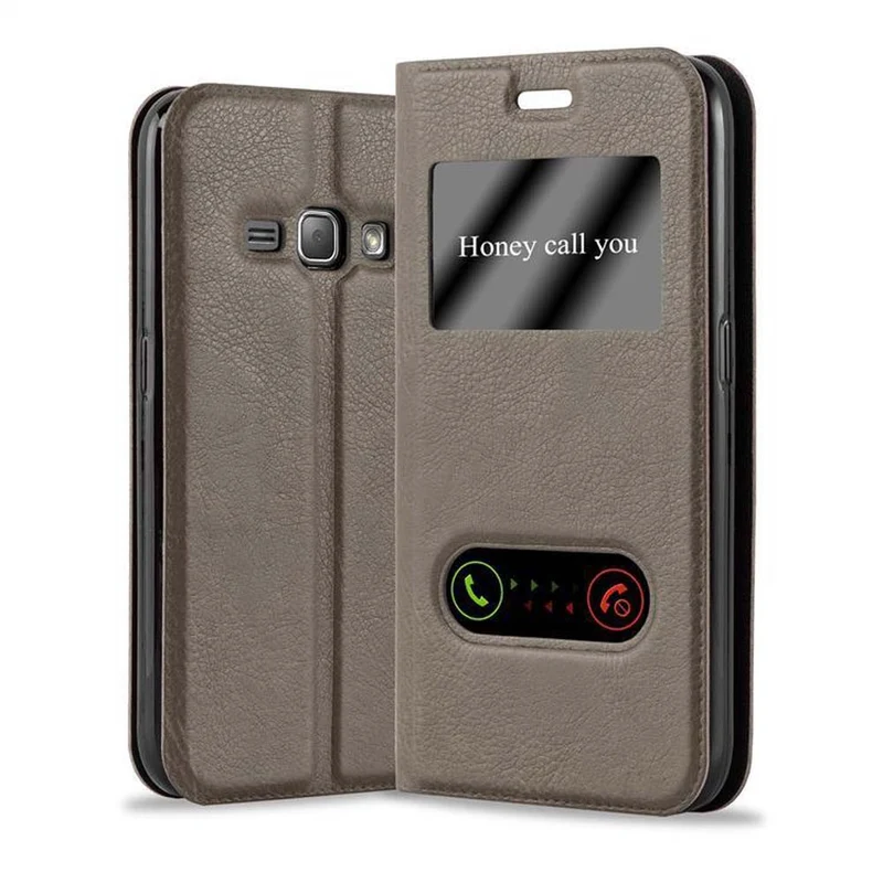 Cadorabo Hülle kompatibel mit Samsung Galaxy J1 2015 Schutzhülle mit Magnetverschluss, Standfunktion und 2 Sichtfenstern