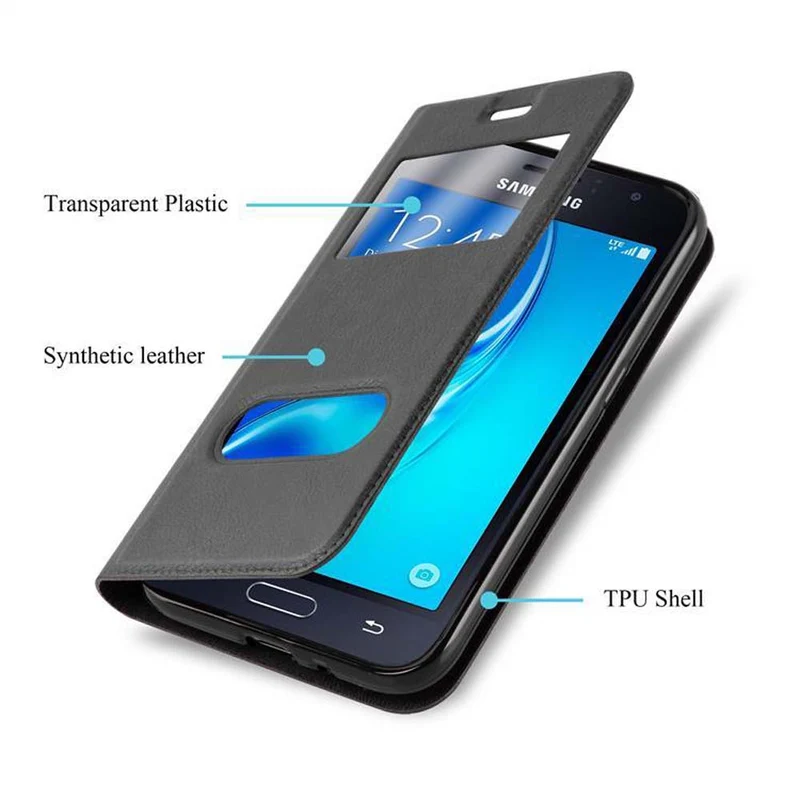 Cadorabo Hülle kompatibel mit Samsung Galaxy J1 2015 Schutzhülle mit Magnetverschluss, Standfunktion und 2 Sichtfenstern