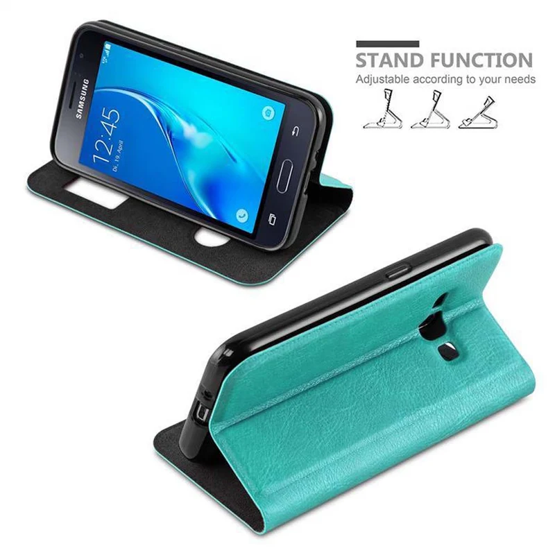 Cadorabo Hülle kompatibel mit Samsung Galaxy J1 2015 Schutzhülle mit Magnetverschluss, Standfunktion und 2 Sichtfenstern