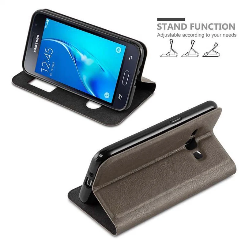 Cadorabo Hülle kompatibel mit Samsung Galaxy J1 2015 Schutzhülle mit Magnetverschluss, Standfunktion und 2 Sichtfenstern